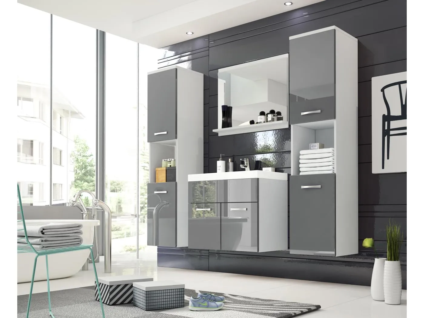 MINIO dazu, Badmöbel MONTANA XL in Farbe Weiß/Grau Glanz