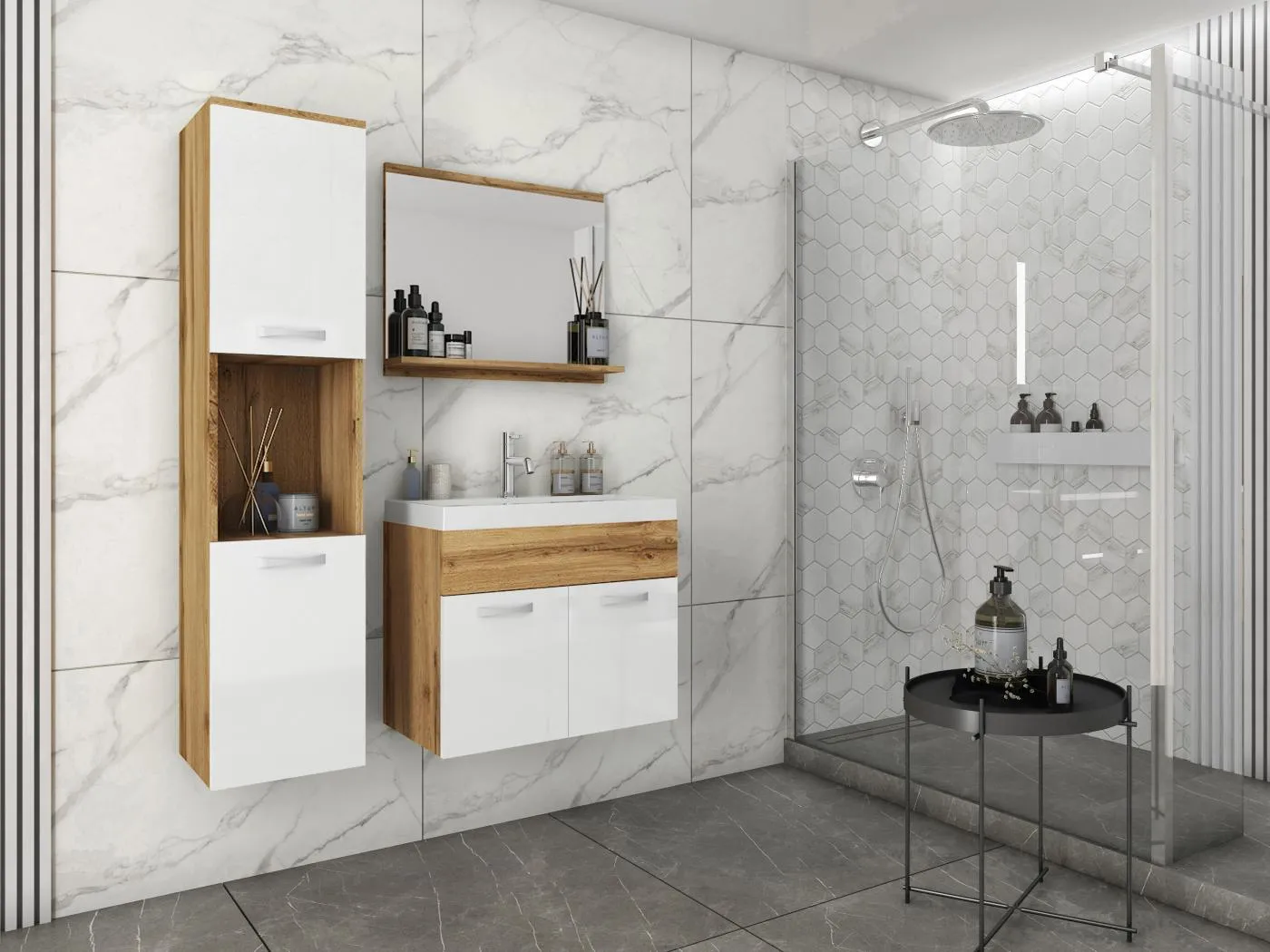 MINIO go for it, Badmöbel MONTANA in der Farbe Eiche Wotan/Weiß Glanz