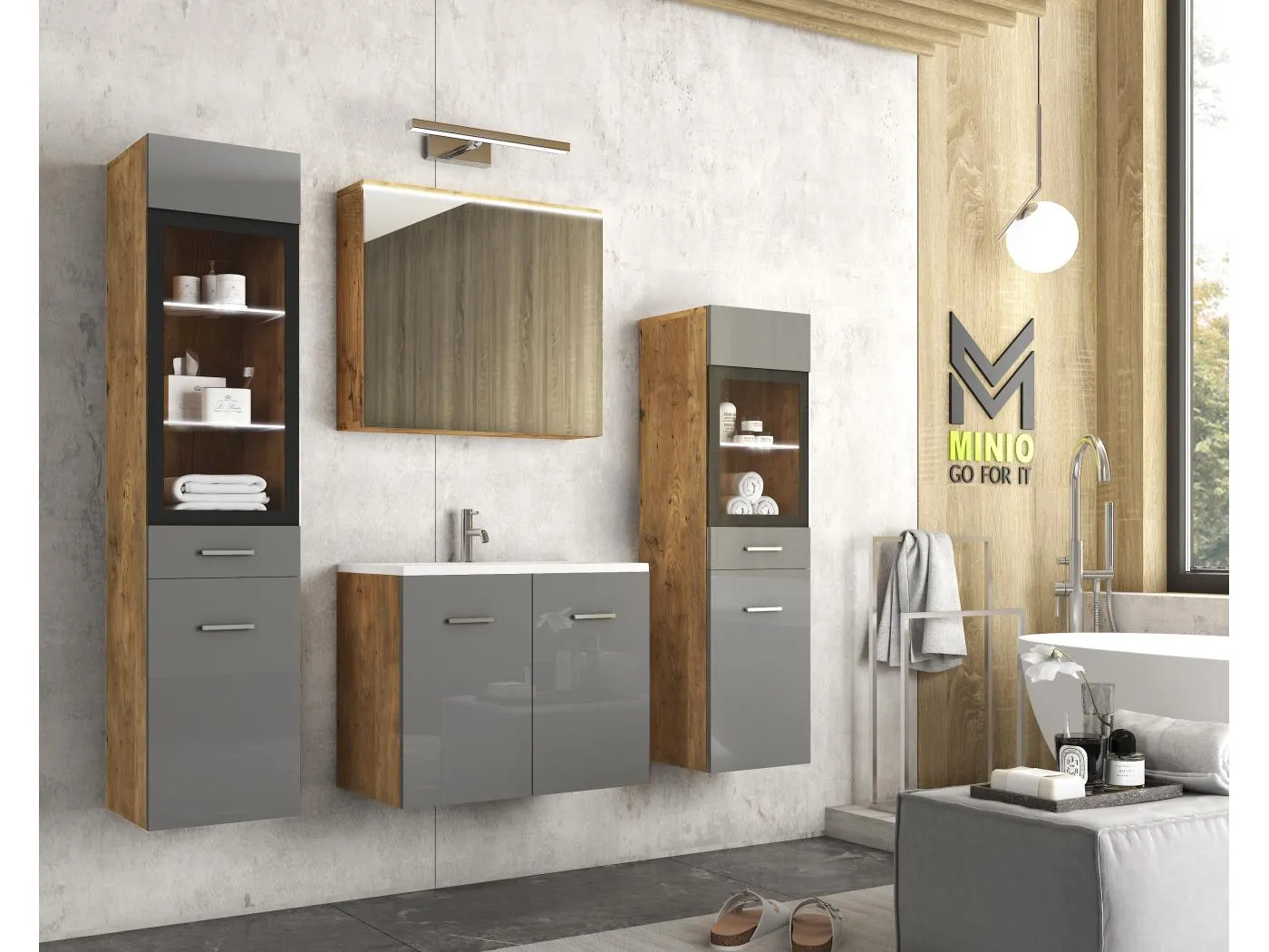 MINIO go for it, Badmöbel MARIT II in der Farbe Kastanien Breslau/Glanz grau