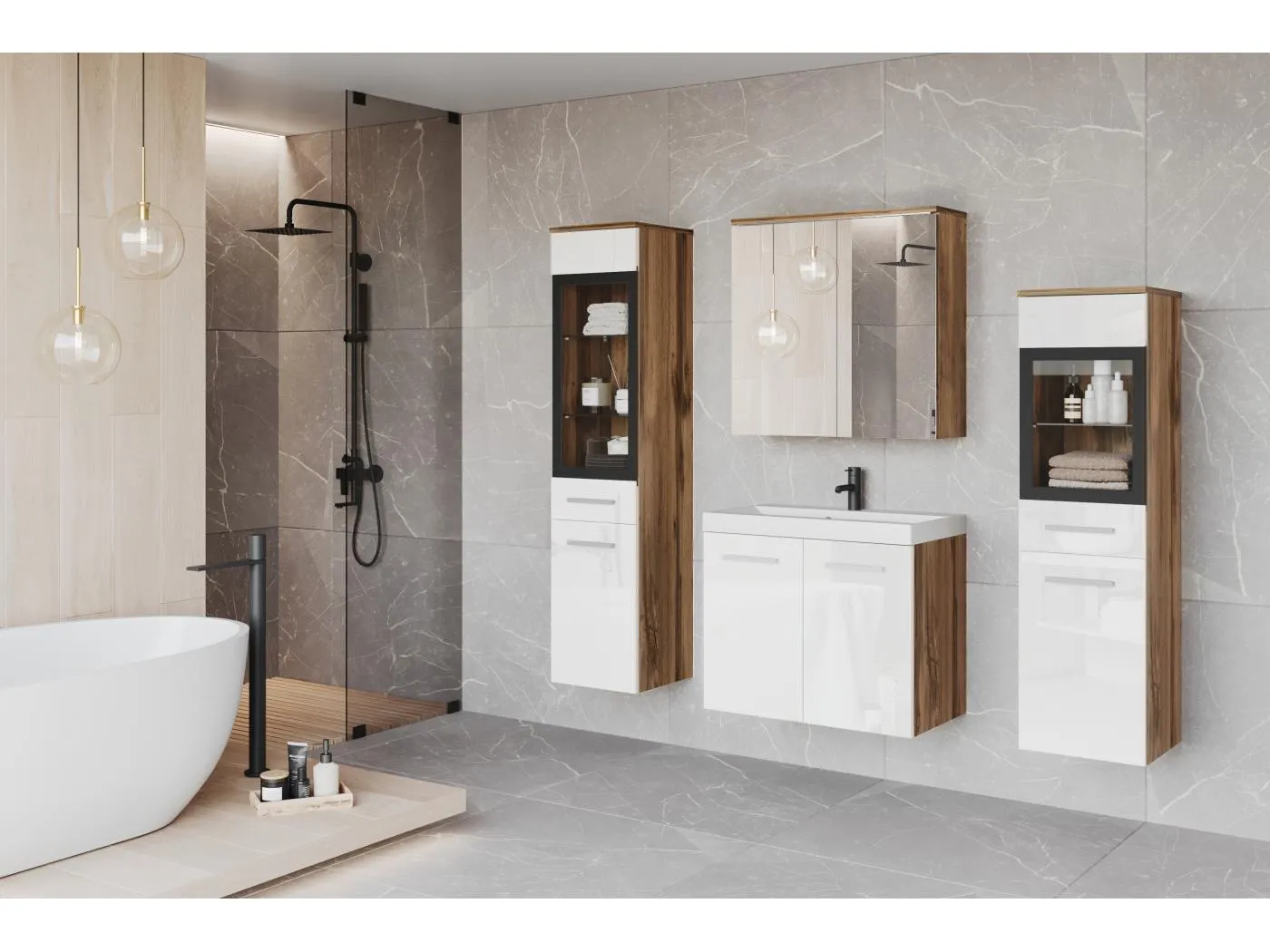 MINIO go for it, Badmöbel MARIT II in der Farbe Eiche wotan/weiß Glanz, mit LED-Beleuchtung