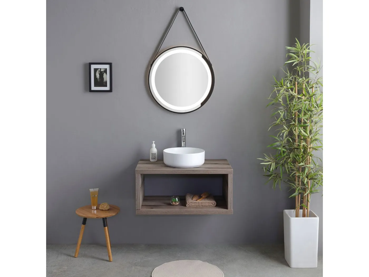 "Paros" Hängebadezimmerschrank 80 cm Fossileiche mit weißem Rundwaschbecken und Spiegel