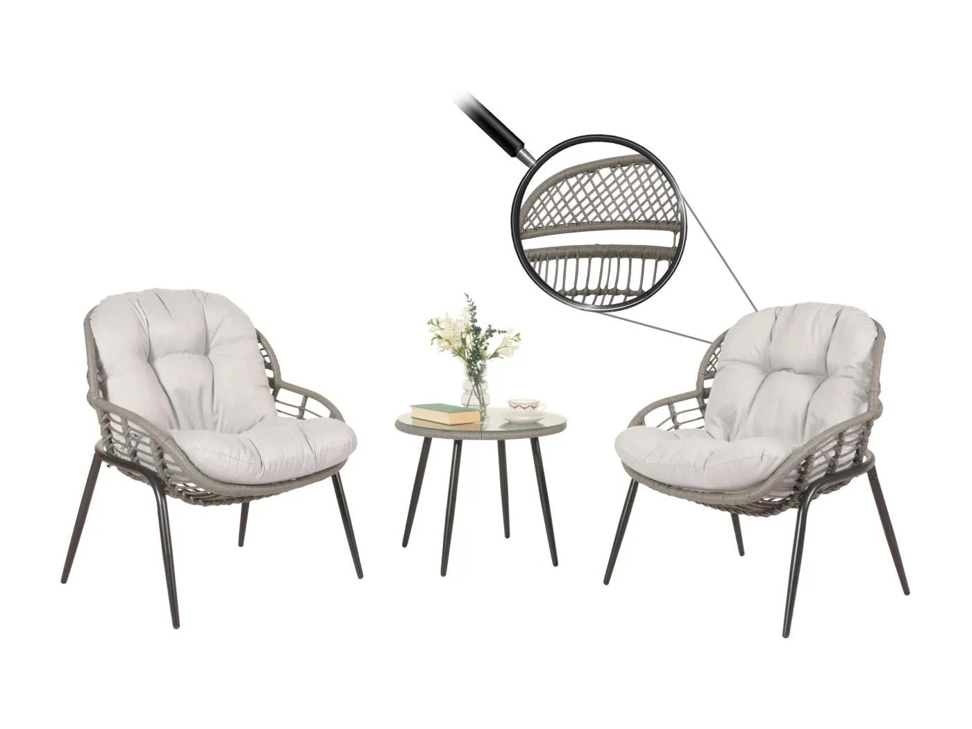 Poly-Rattan Garnitur MCW-N33 (3-teilig), Grau, Polster hellgrau