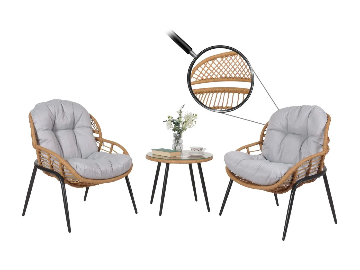 Poly-Rattan Garnitur MCW-N33 (3-teilig), Naturfarben, Polster hellgrau