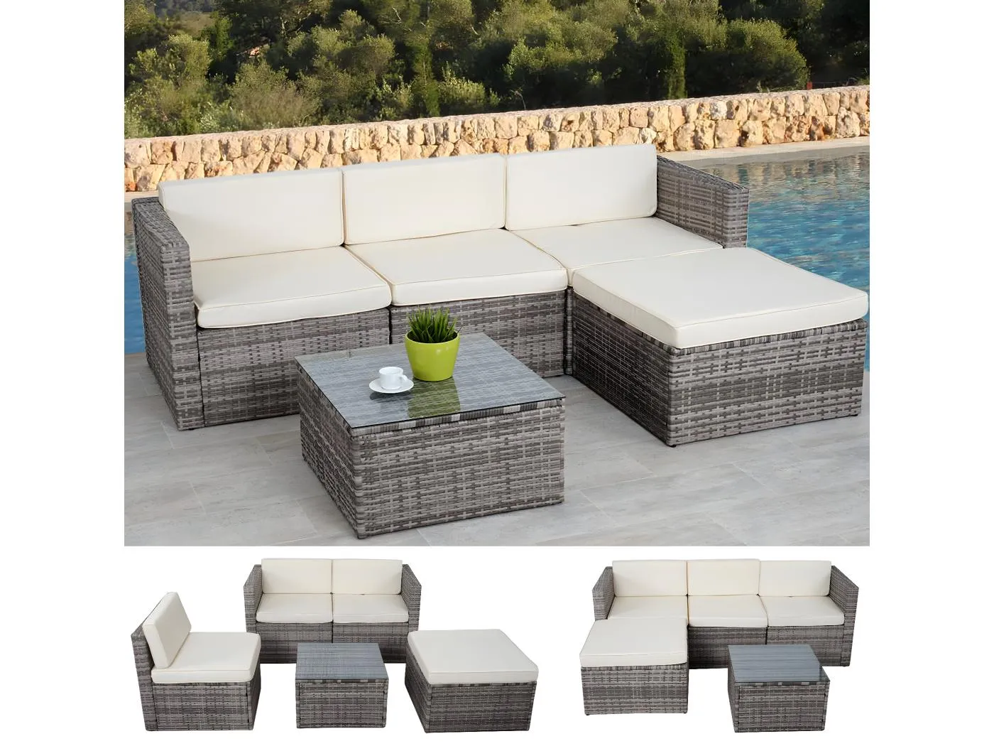 Poly-Rattan-Garnitur MCW-D28 (5-teilig), Grau, Polster creme ohne Deko-Kissen/Abdeckung