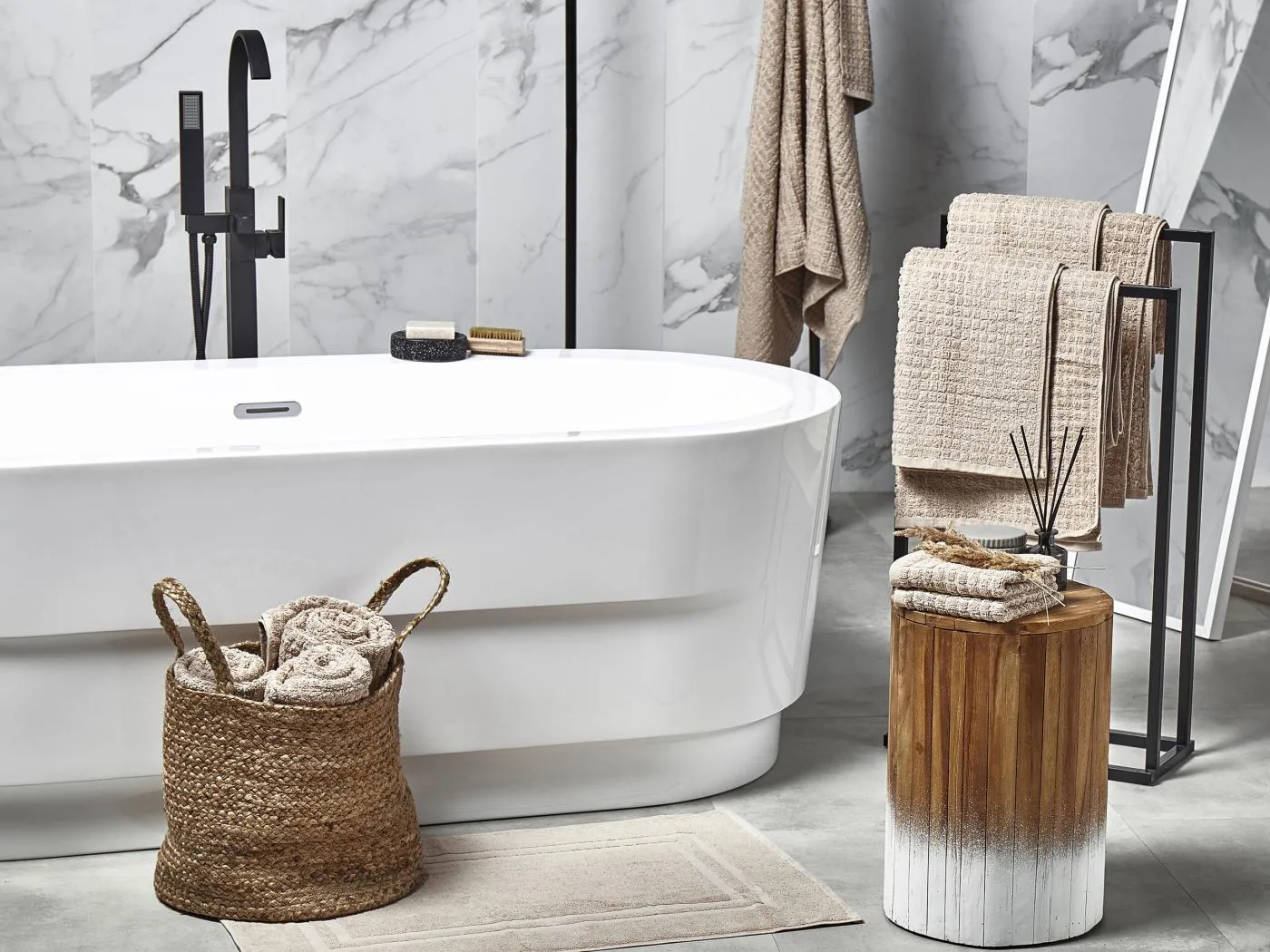 Frottee Handtuch Set mit Badematte Baumwolle beige 11-teilig Atai