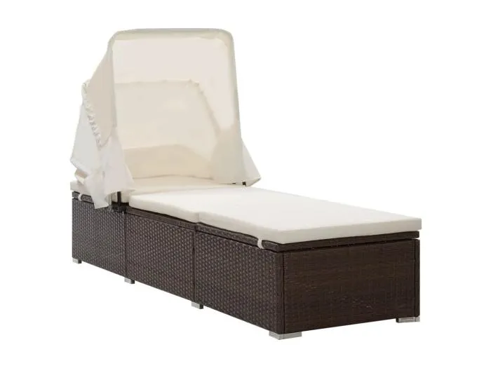Sonnenliege mit Sonnenschutz und Auflagen Poly Rattan Braun