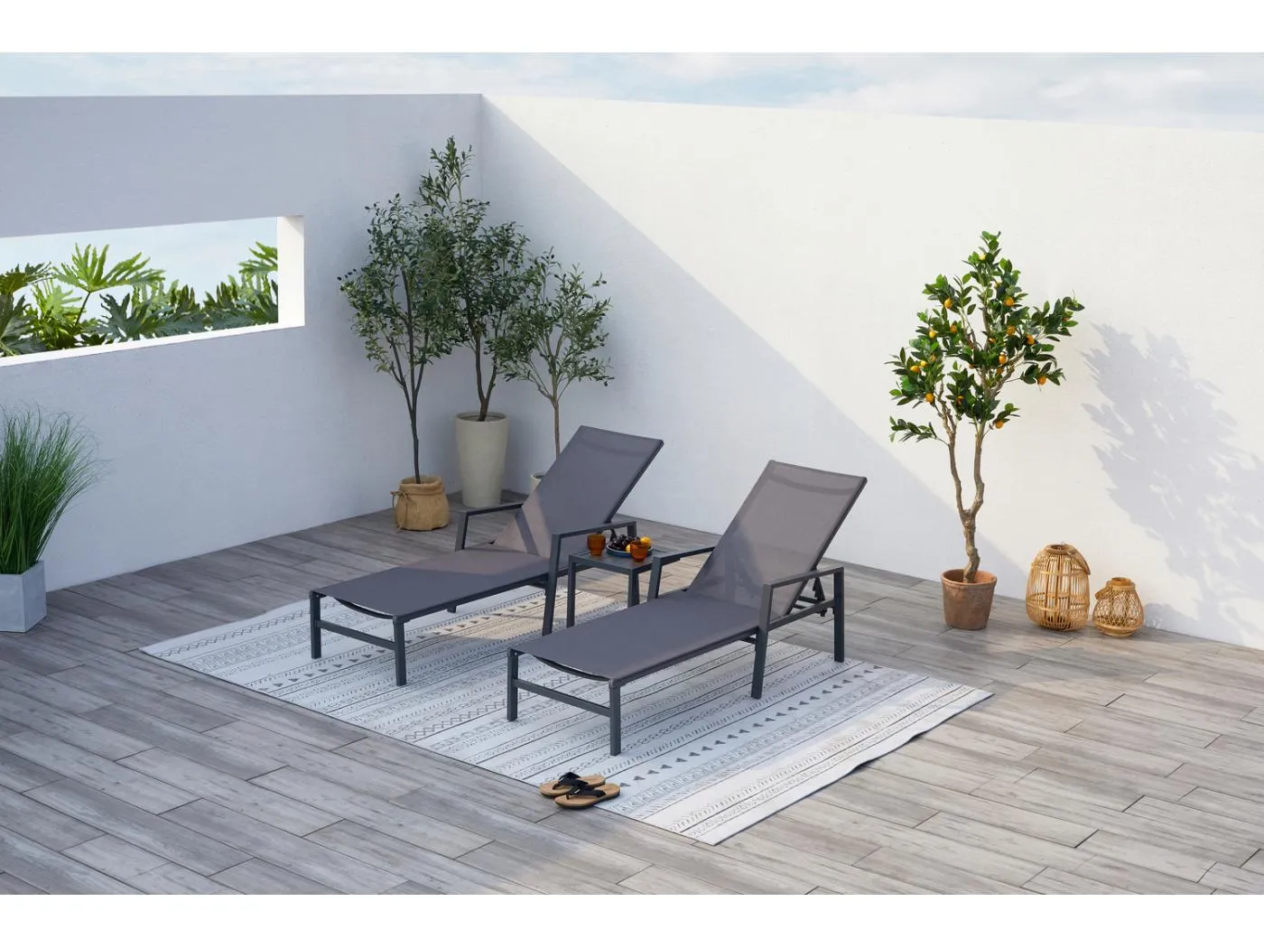 Set aus 2 Liegestühlen und einem Beistelltisch, grau BARI