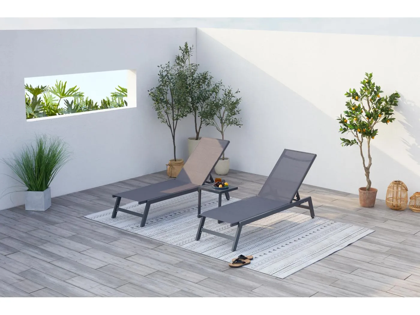 Set aus 2 Liegestühlen und einem Beistelltisch, grau und schwarz PRATO