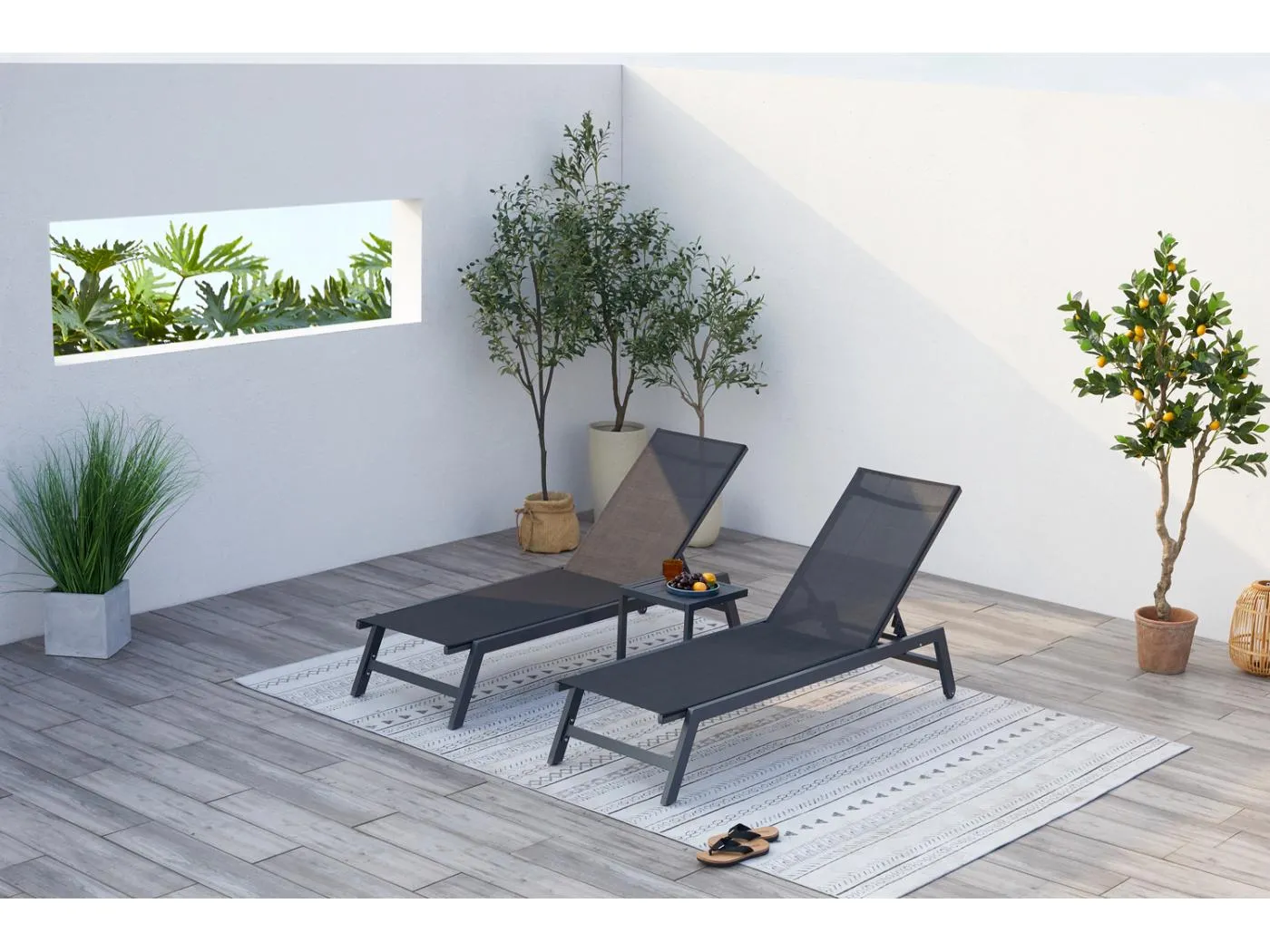 Set aus 2 Liegestühlen und einem Beistelltisch, schwarz PRATO