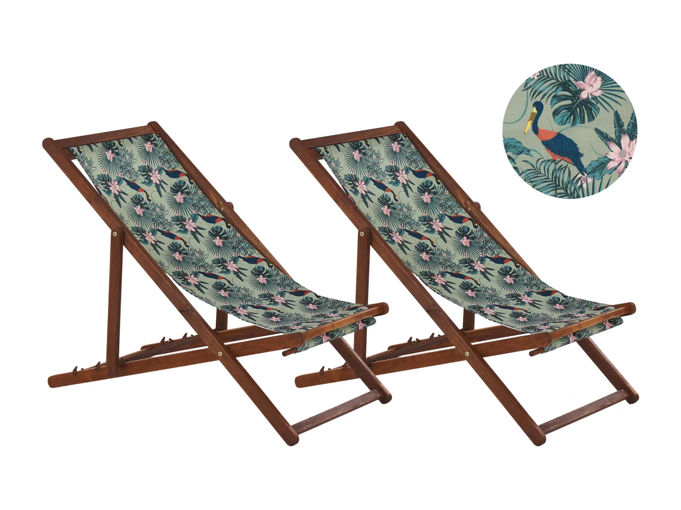Zwei Liegestühle aus dunklem Akazienholz Stoffbezüge Pelikanmuster bunt Anzio