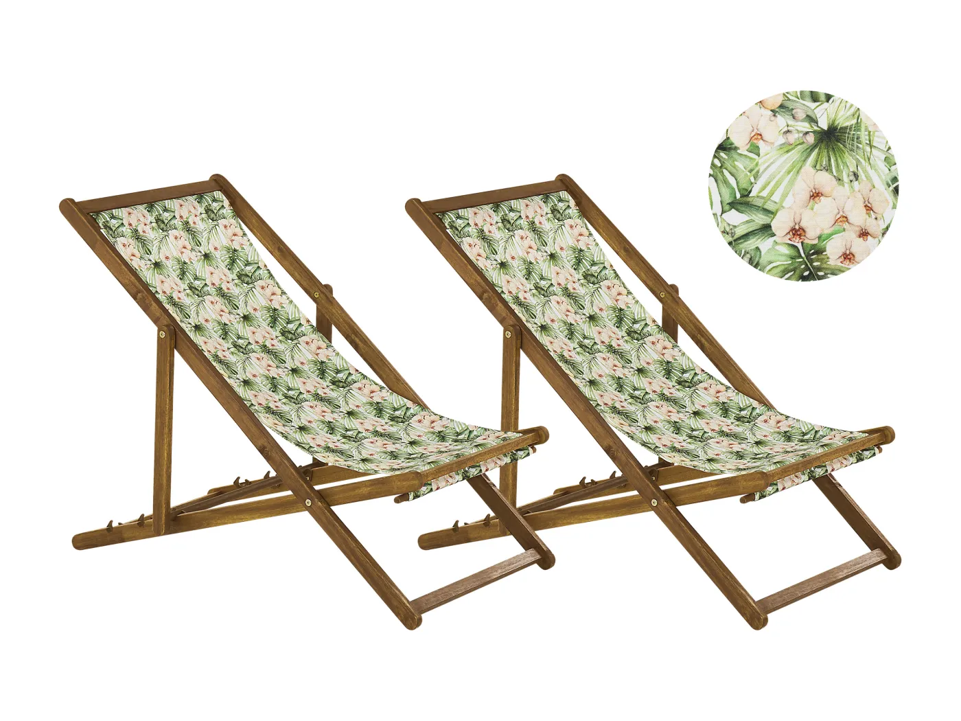 Zwei Liegestühle aus hellem Akazienholz Stoffbezüge Blumenmuster grün/rosa Anzio