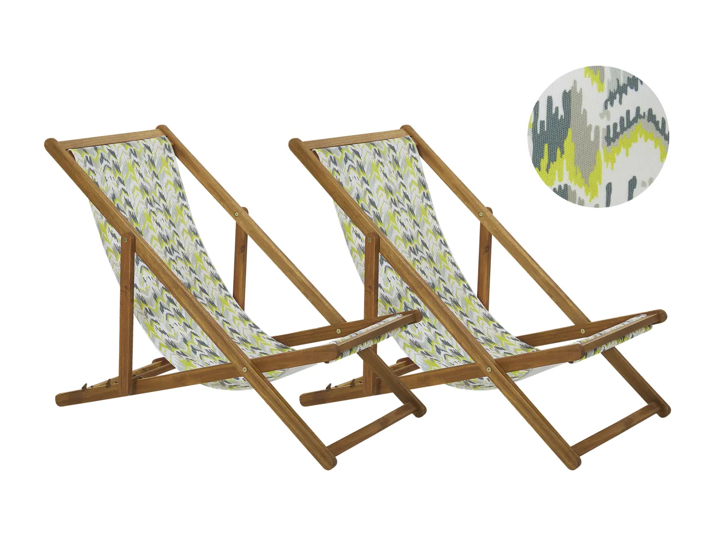 Zwei Liegestühle aus hellem Akazienholz Stoffbezügen gelb Zick Zack Muster Anzio