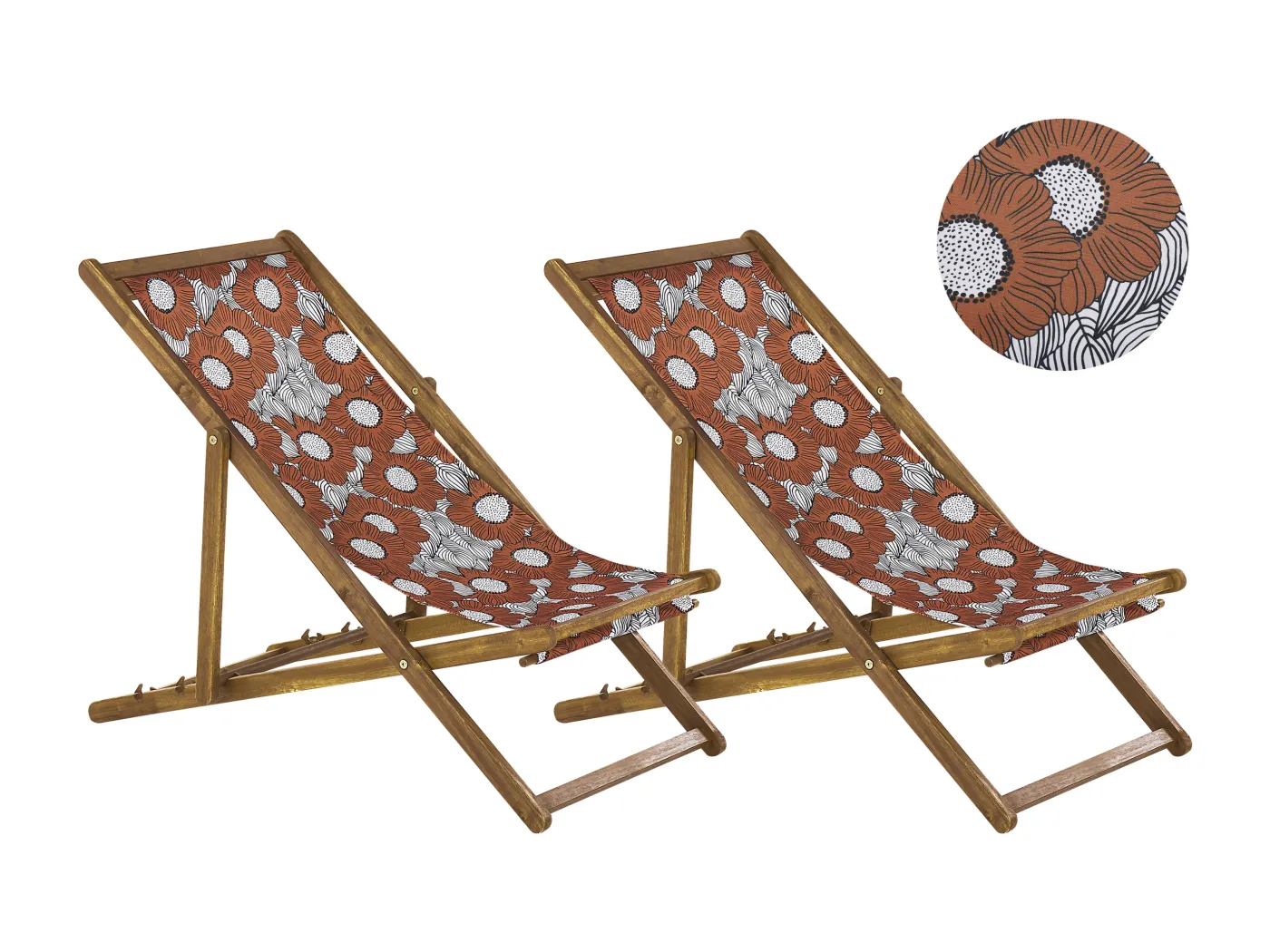 Zwei Liegestühle aus Akazienholz Stoffbezüge rot / weiß Mohnblumenmuster Anzio