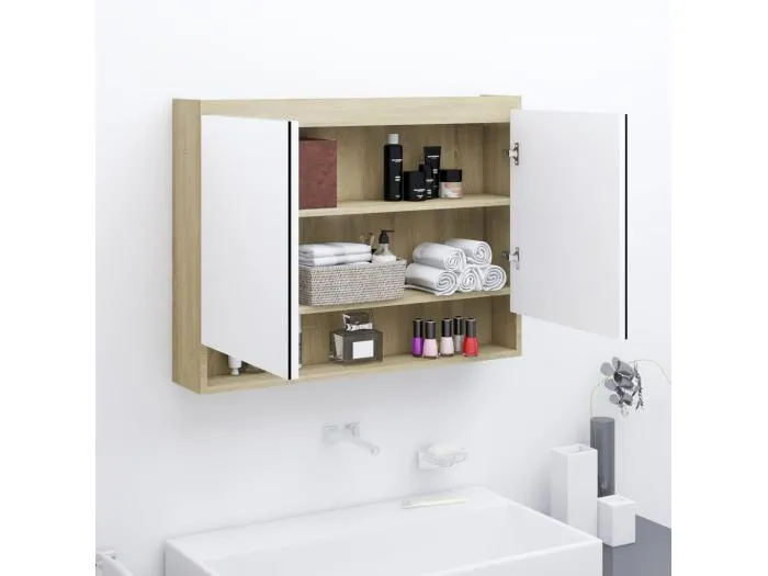 Spiegelschrank fürs Bad 80x15x60 cm MDF Weiß und Eiche-Optik