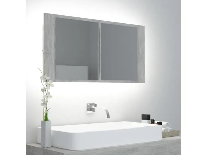 LED-Bad-Spiegelschrank Betongrau 90x12x45 cm Acryl