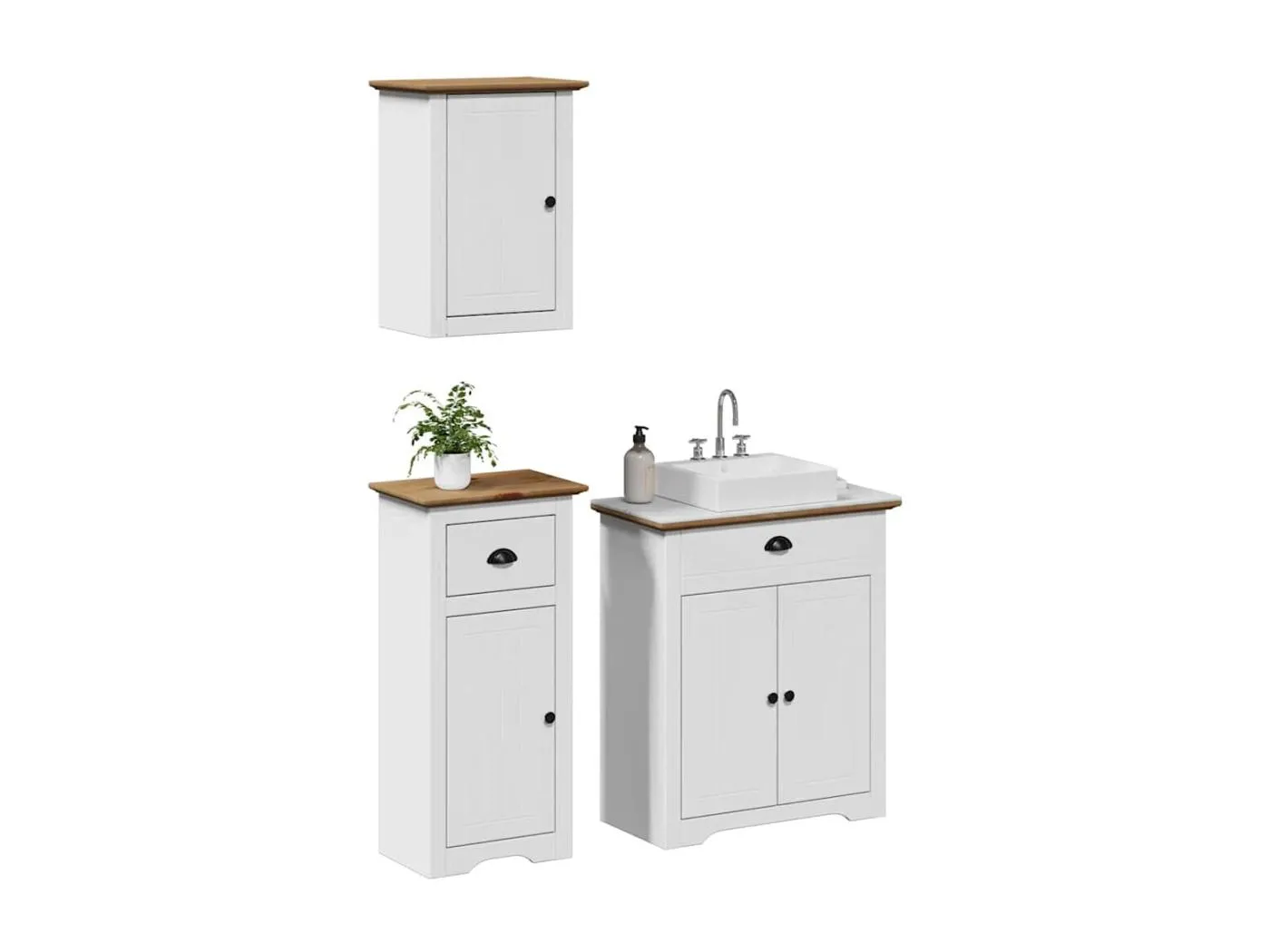 3-tlg. Badmöbel-Set BODO Weiß und Braun Massivholz Kiefer