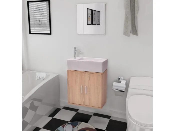 3-tlg. Badmöbel-Set mit Waschbecken Beige