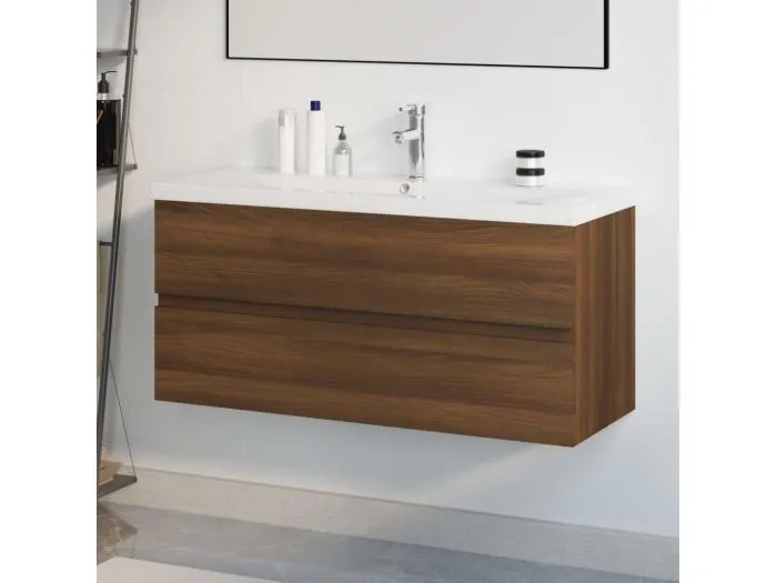 Waschbeckenschrank mit Einbaubecken Braun Eiche Holzwerkstoff