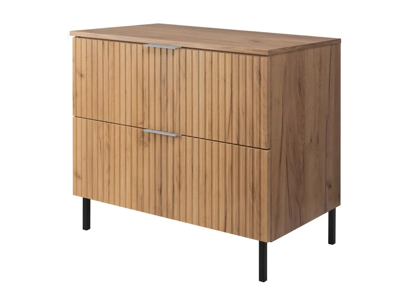 Waschbeckunterschrank, Eiche Craft, 80 x 77 x 46 cm, silberner Griff, schwarze Beine + Arbeitsplatte