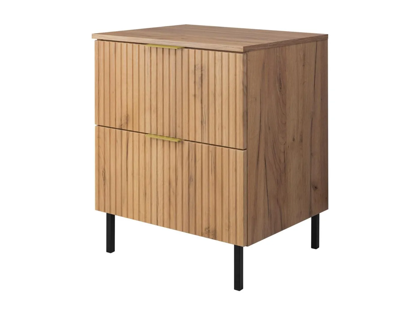 Waschbeckunterschrank, Eiche Craft, 60 x 77 x 46 cm, goldener Griff, schwarze Beine + Arbeitsplatte