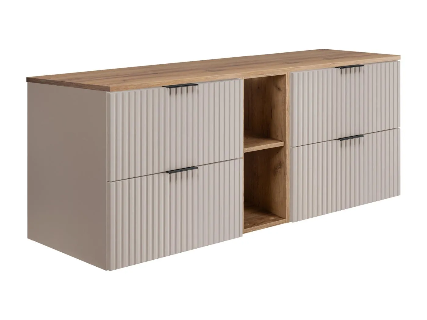 Geriffelter Waschtischunterschrank FLOW 140 cm Kaschmir mit Regal und Platte in Eiche Craft Gold