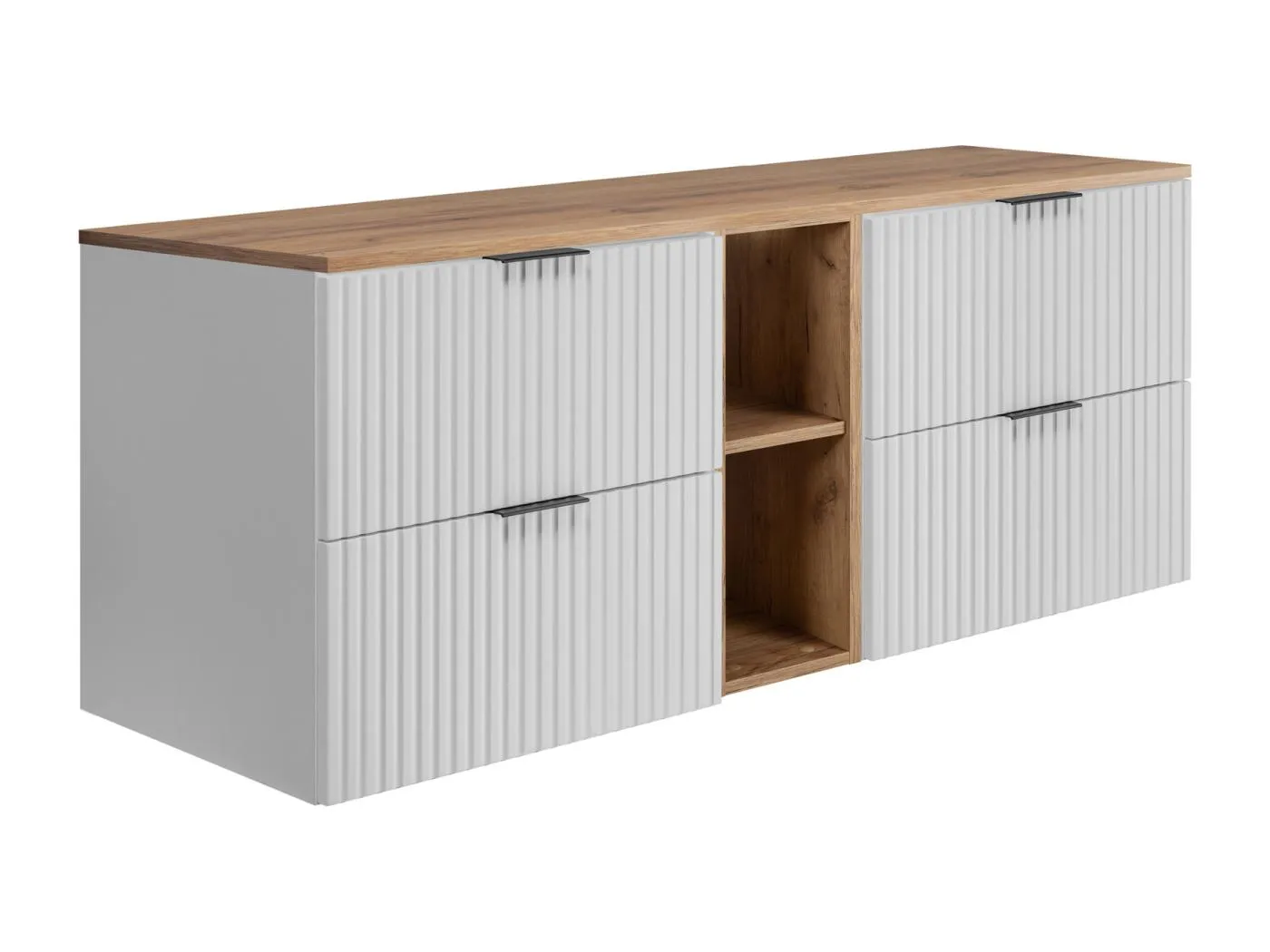 Geriffelter Waschtischunterschrank FLOW 140 cm Weiß mit Regal und Platte in Eiche Craft Gold