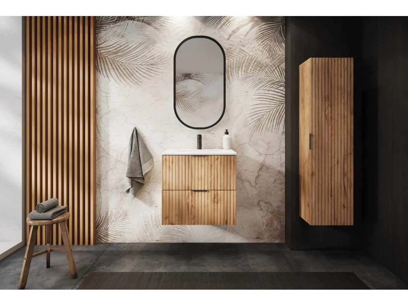 Geriffelter Waschtischunterschrank FLOW 60 cm Eiche Craft Gold