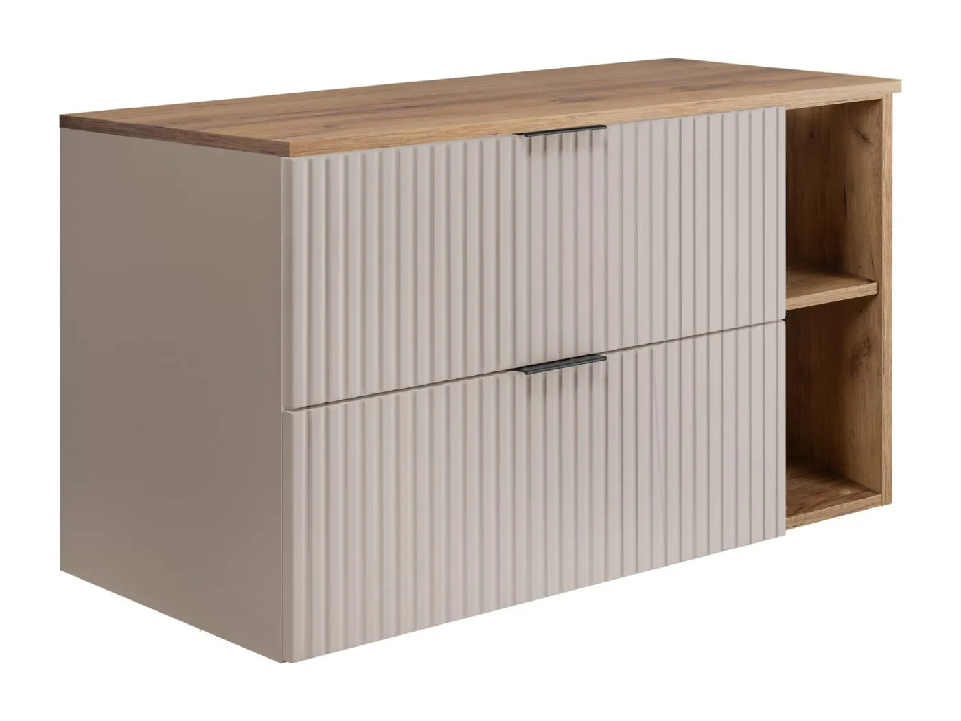 Geriffelter Waschtischunterschrank FLOW 100 cm Kaschmir mit Platte und Regal in Eiche Craft Gold