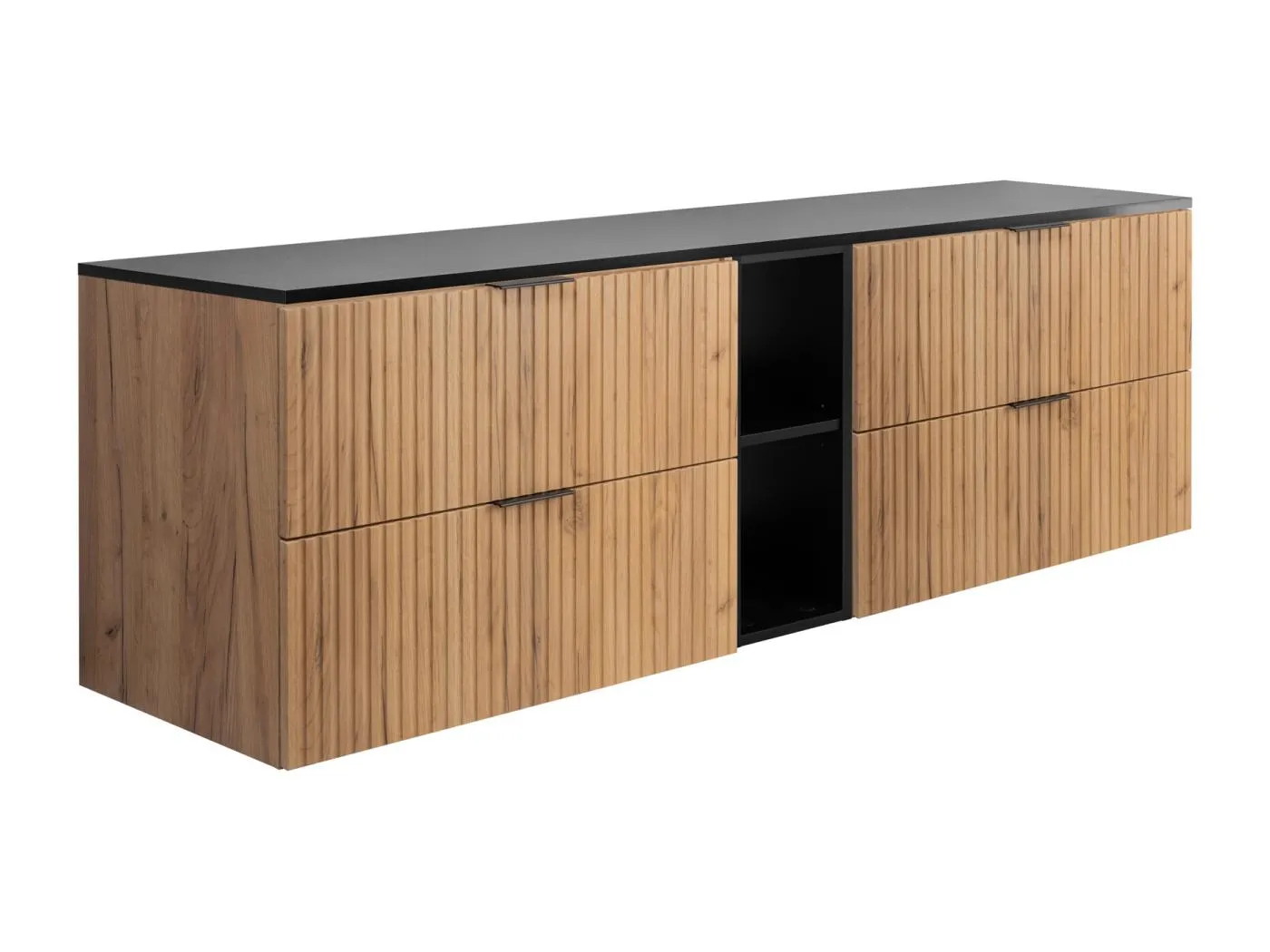Geriffelter Waschtischunterschrank FLOW 180 cm Eiche mit schwarzem Regal und Platte