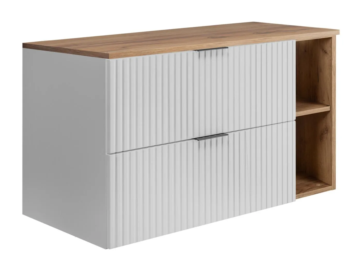 Weißer geriffelter Waschtischunterschrank FLOW 80 cm mit Regal und Platte in Eiche Craft Gold