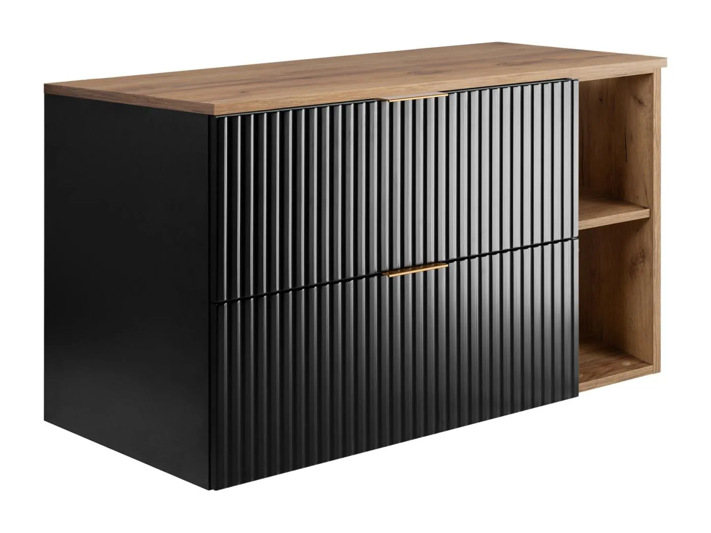 Schwarzer geriffelter Waschtischunterschrank FLOW 100 cm mit Platte und Regal in Eiche Craft Gold