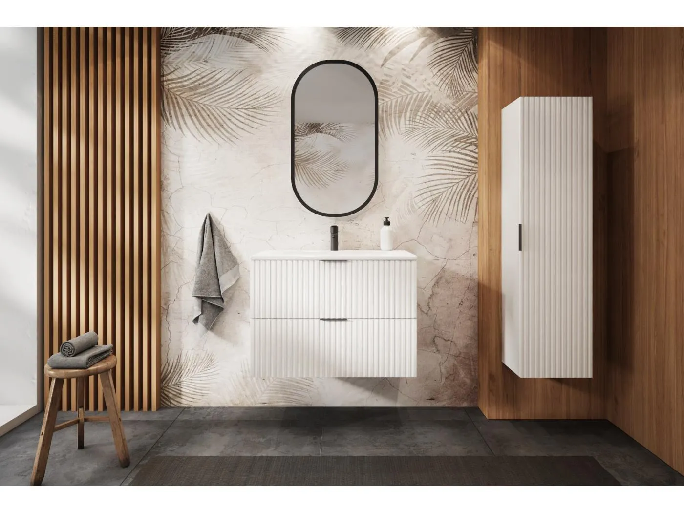 Geriffelter Waschtischunterschrank FLOW 80 cm Weiß