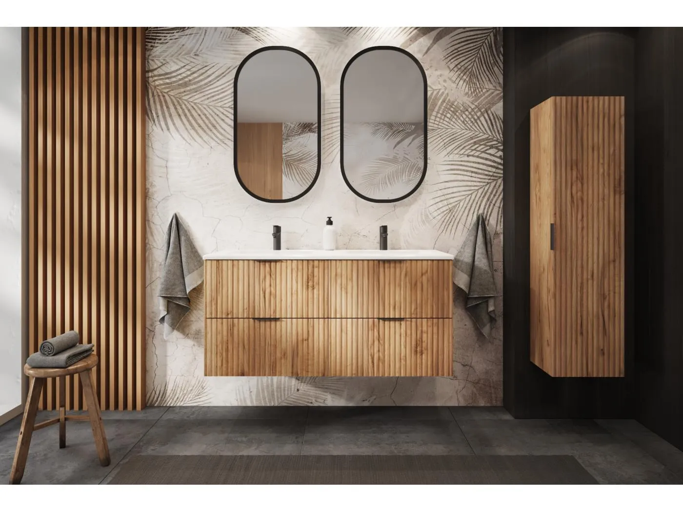 Geriffelter Waschtischunterschrank FLOW 160 cm Eiche Craft Gold mit Platte