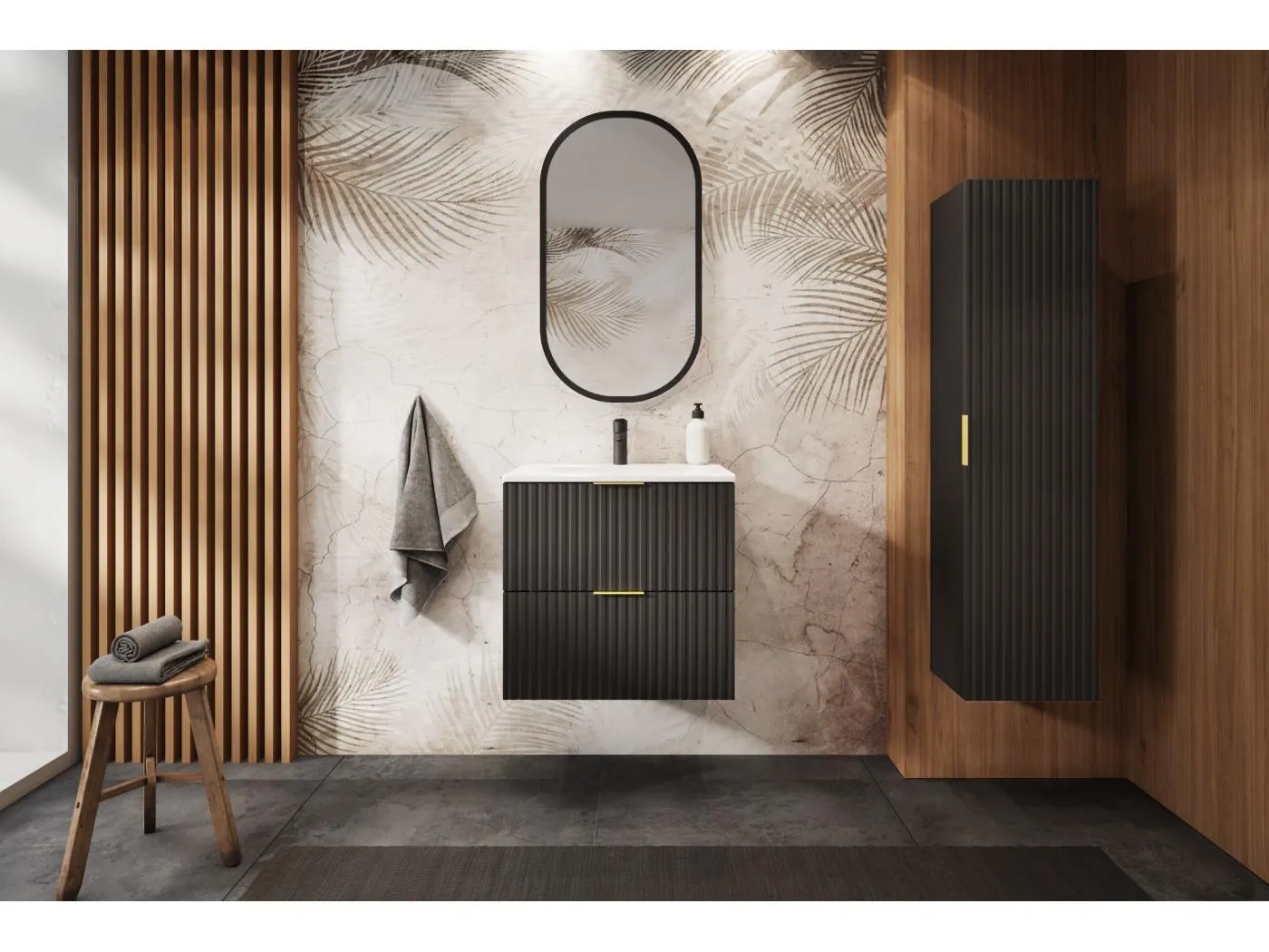 Geriffelter Waschtischunterschrank FLOW 60 cm Schwarz