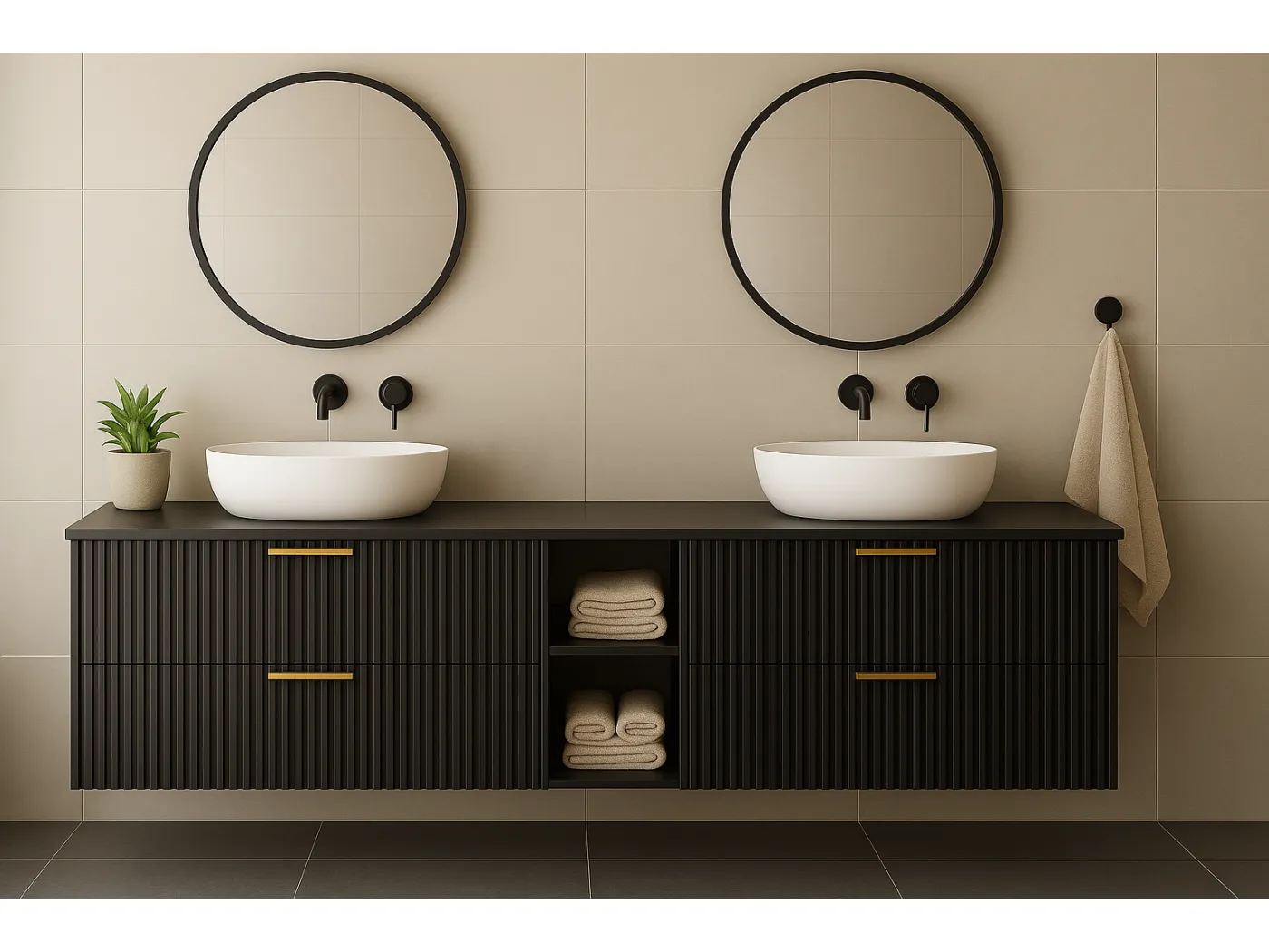 Schwarzer geriffelter Waschtischunterschrank FLOW 180 cm mit Regal und Platte