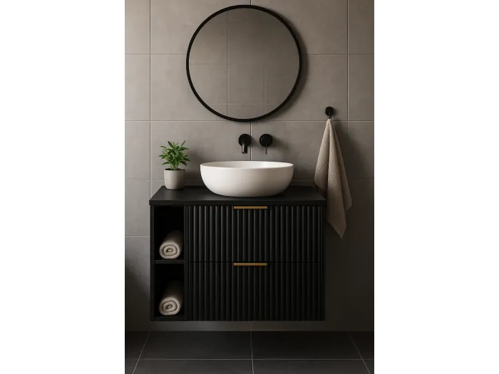 Schwarzer geriffelter Waschtischunterschrank FLOW 80 cm mit Regal und Platte in Eiche Craft Gold