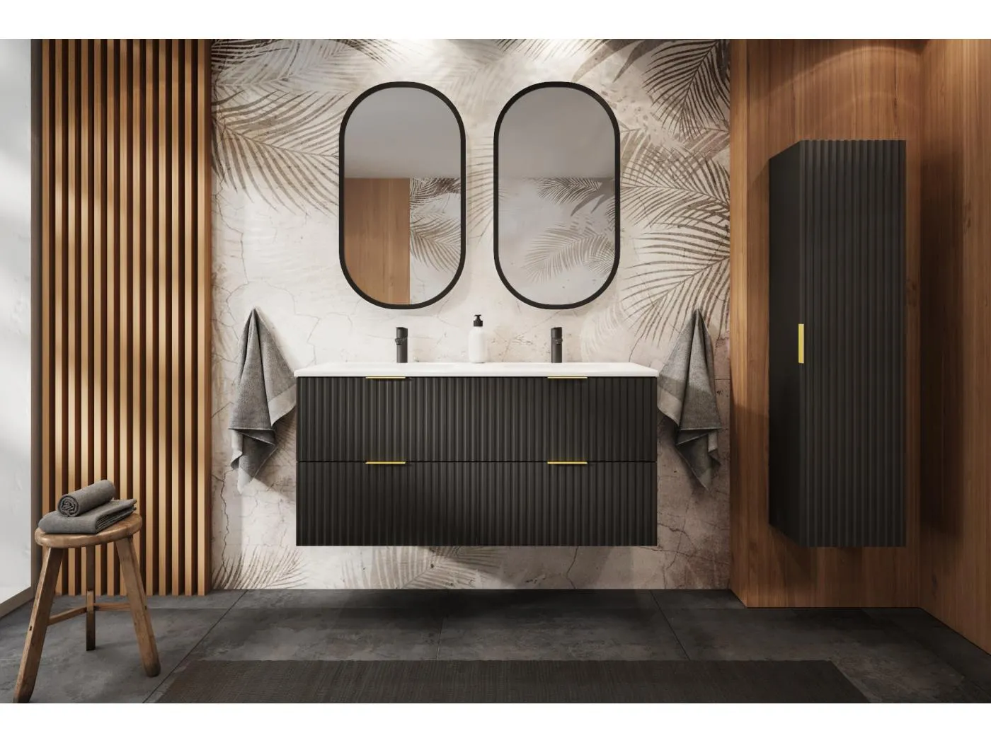 Schwarzer geriffelter Waschtischunterschrank FLOW 180 cm mit weißem Regal und Platte