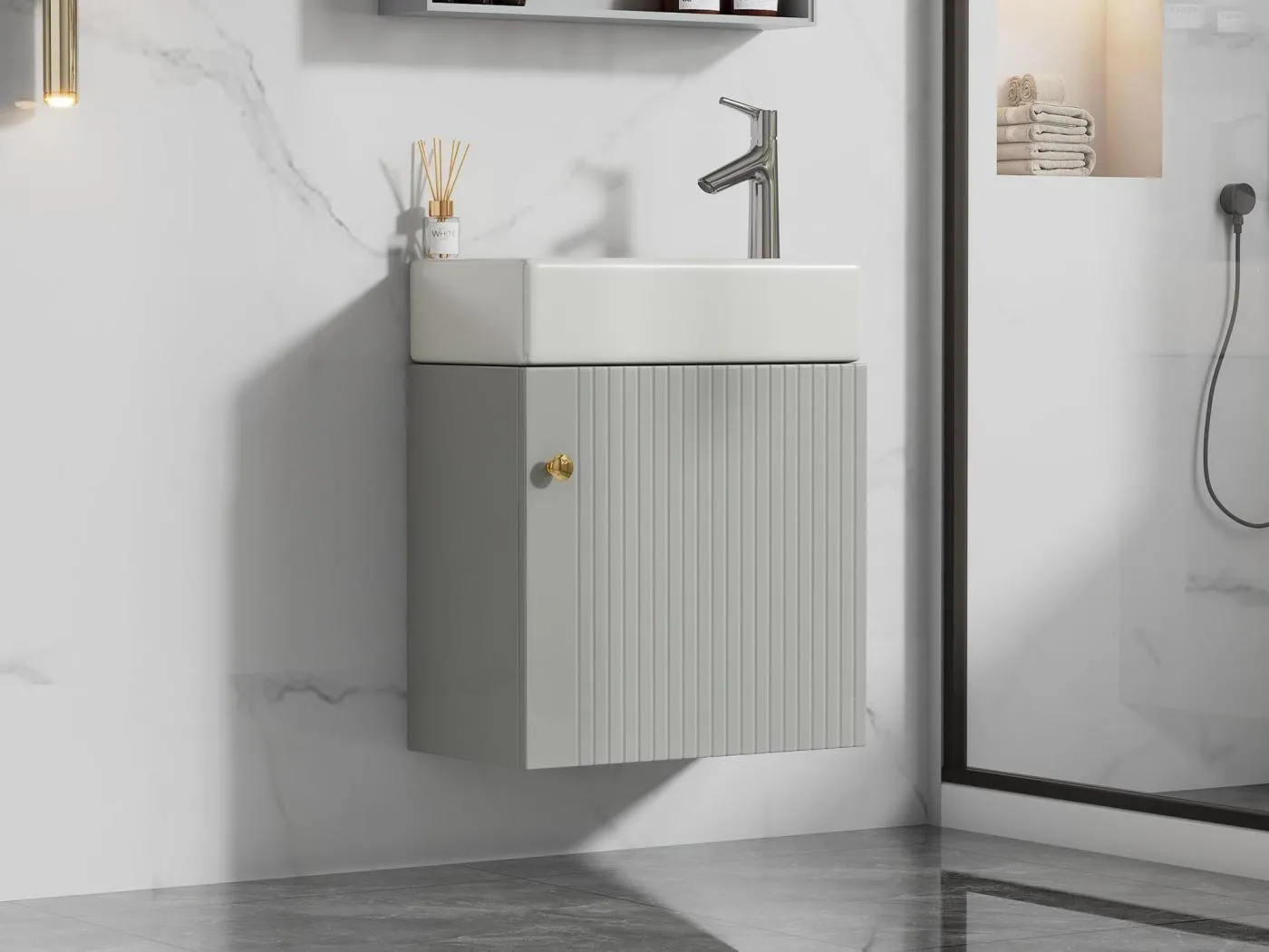 Gestreifte hängende Badezimmermöbel mit quadratischem Waschbecken – 46 cm – Grau (Wasserhahn nicht im Lieferumfang enthalten)