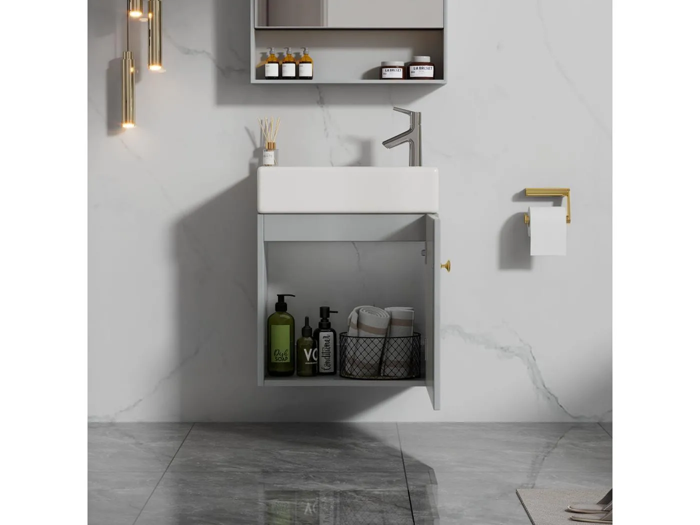 Einzelwaschbecken-Badezimmerschrank, Unterschrank mit Keramikwaschbecken - 46 x 26 x 56 cm - MDF-Holz - Grau