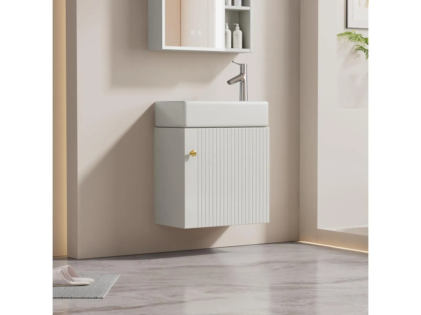 Einzelwaschbecken-Badezimmerschrank, Unterschrank mit Keramikwaschbecken - 46 x 26 x 56 cm - MDF-Holz - Weiß