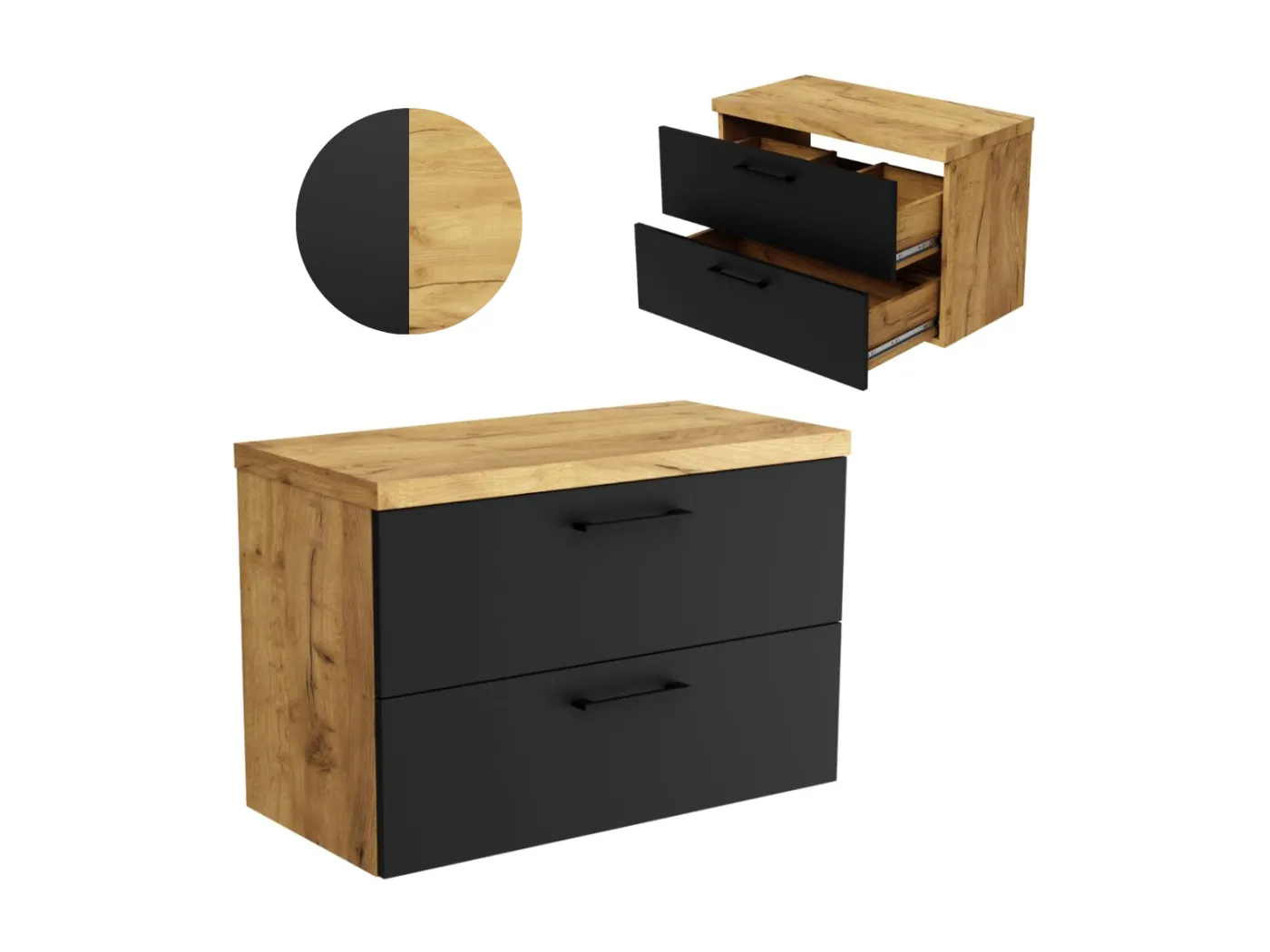 Hängender Badezimmerschrank 80 cm für Aufsatzwaschbecken Eiche Schwarz Kommode