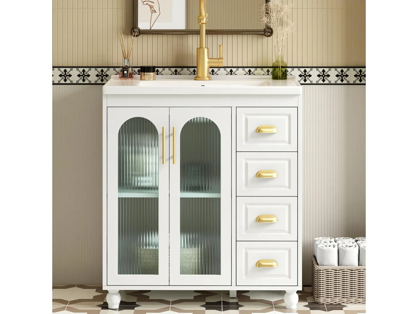 Badezimmerschrank mit Einzelwaschbecken – 80 x 47 x 90 cm – Keramikwaschbecken + 3 Schubladen + 2 Türen – MDF – Weiß