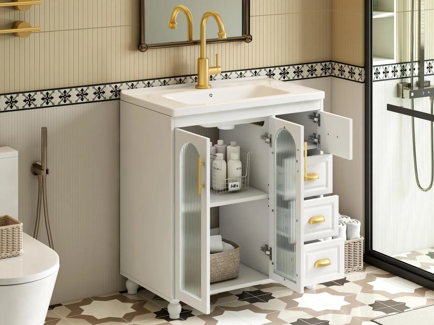 Badezimmerschrank mit Keramikwaschbecken - 2 Türen und 4 Schubladen - weiß (Armatur nicht enthalten)