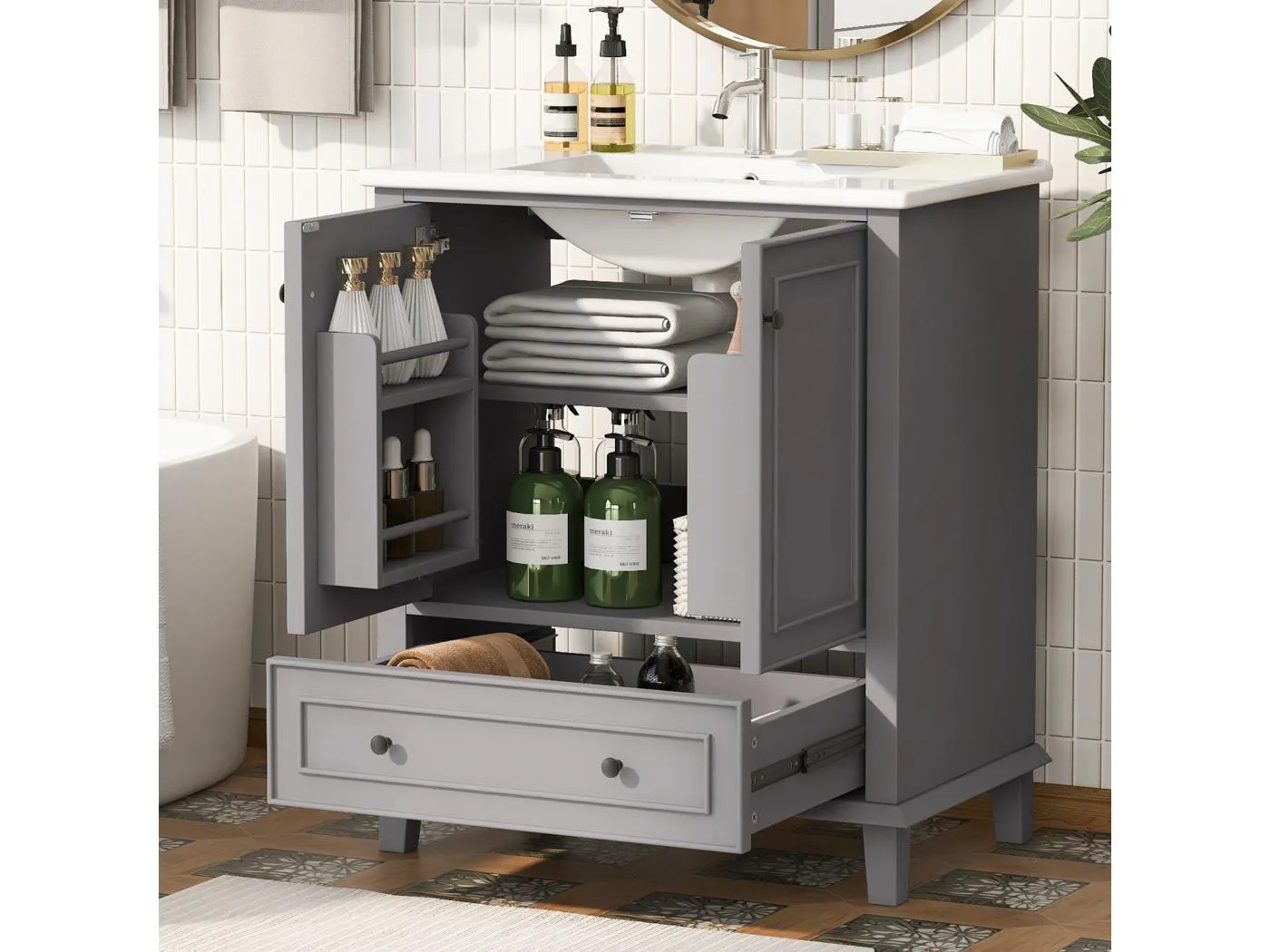 Einzelwaschtisch, bodenstehender Waschtischunterschrank – 76 x 46 x 87 cm – mit Keramikbecken – mit Ablage – Keramik + MDF – grau (Wasserhahn nicht enthalten)