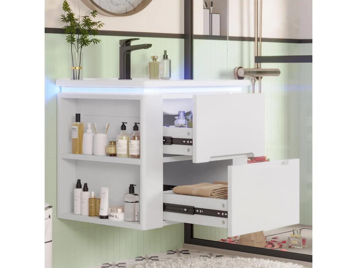 Einzelwaschtisch-Unterschrank – 60 x 46 x 48,5 cm – mit LEDs + 2 Schubladen – integriertes Waschbecken – Keramik + MDF – weiß (Kein Wasserhahn)