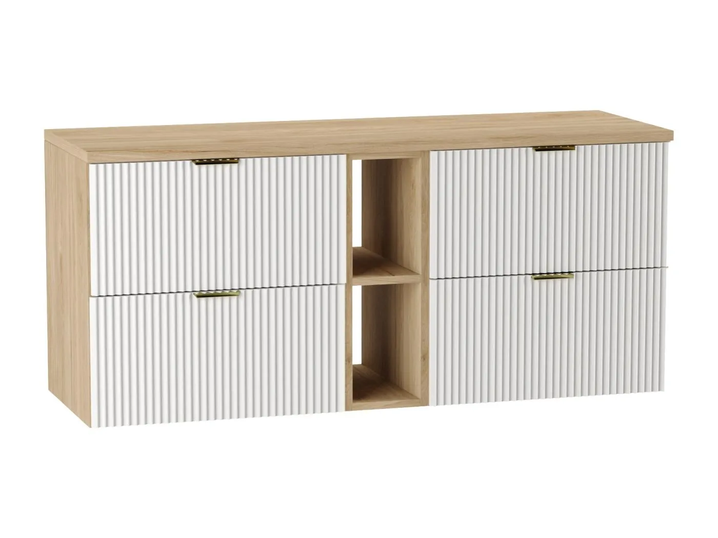 Waschtischunterschrank WENA, mit Regal, geriffelte Fronten, Willy, 140x60x47 cm, Weiß/Walnuss