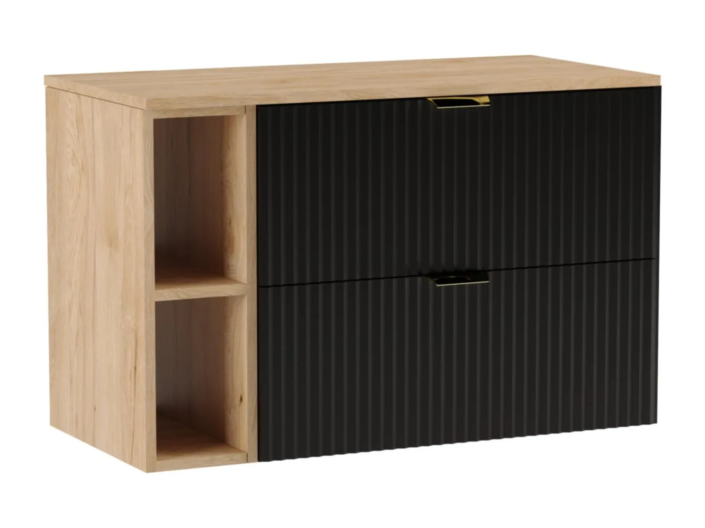 Waschtischunterschrank WENA, mit Regal, geriffelte Fronten, Willy, 100x60x47 cm, Schwarz/Walnuss