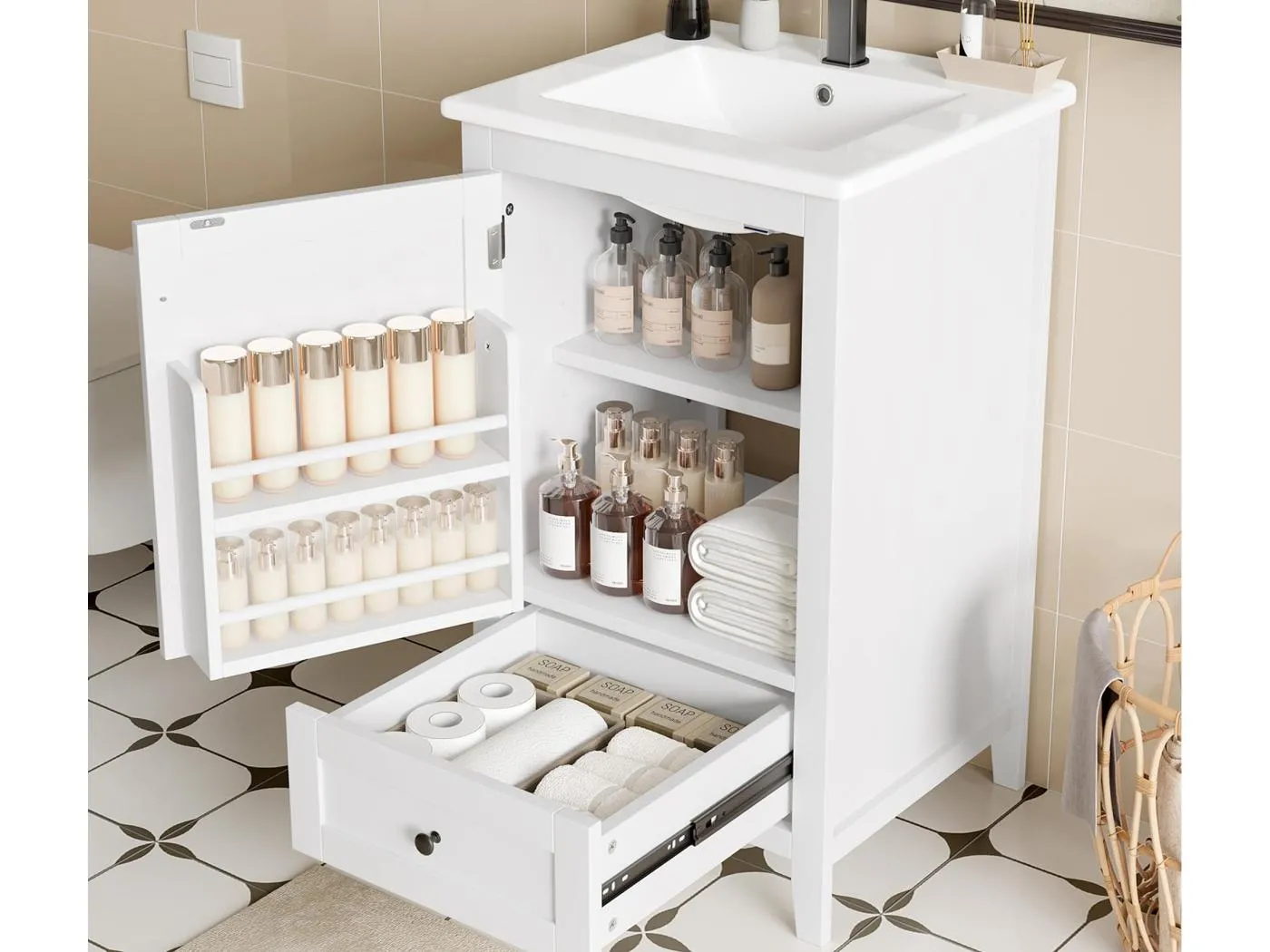 Badezimmerschrank mit Füßen - mit Keramikwaschbecken - 1 Tür und 1 Schublade - Weiß (Armatur nicht enthalten)