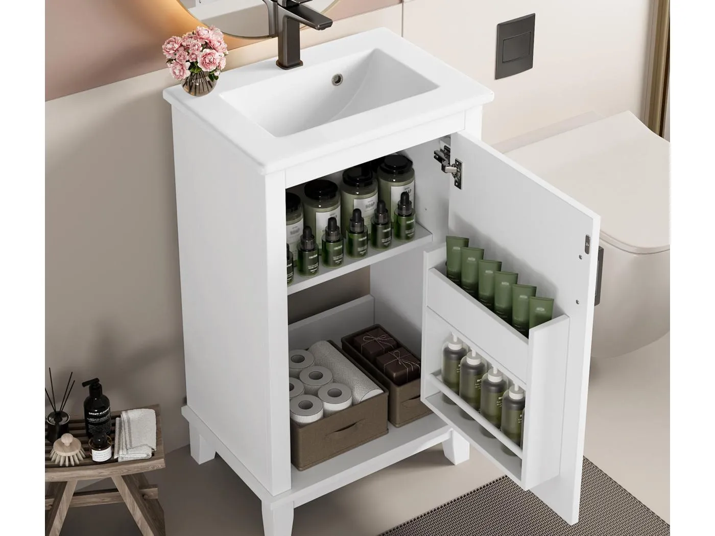 Badezimmerschrank mit Füßen - mit Keramikwaschbecken - 1 Tür - höhenverstellbare Fächer - Weiß (Armatur nicht enthalten)