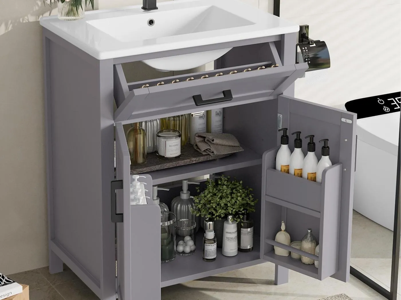 Badezimmerschrank mit Füßen - mit Keramikwaschbecken - 2 Türen - Grau (Armatur nicht enthalten)